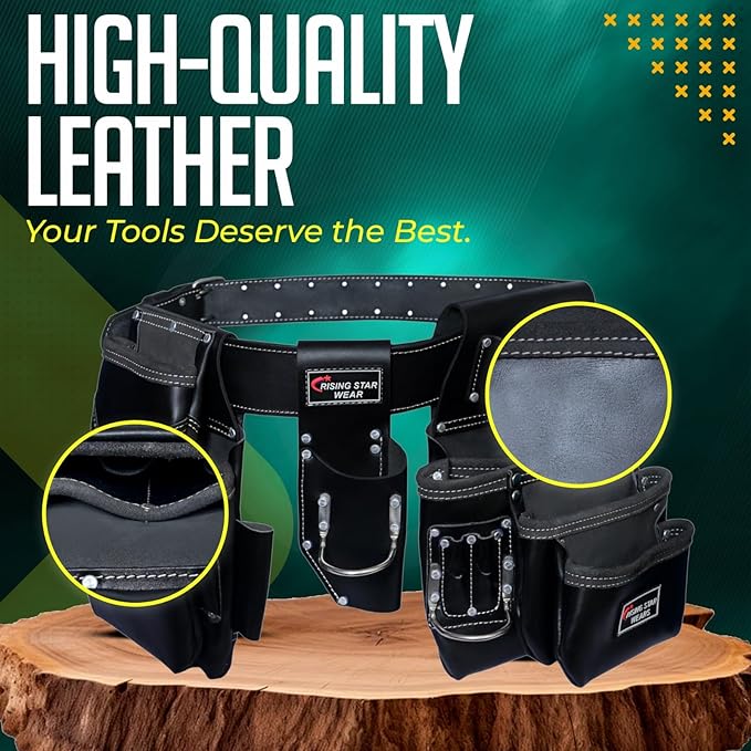 RISING STAR WEARS PURE BLACK LEATHER TOOL BELT POUCH PERFECT FOR CARPENTERS, PLUMBERS, ELECTRICIANS, GARDENERS AND CONSTRUCTION WORKERS MULTIPURPOSE 18 POCKETS POUCH WITH FRAMING TOOL BAGS