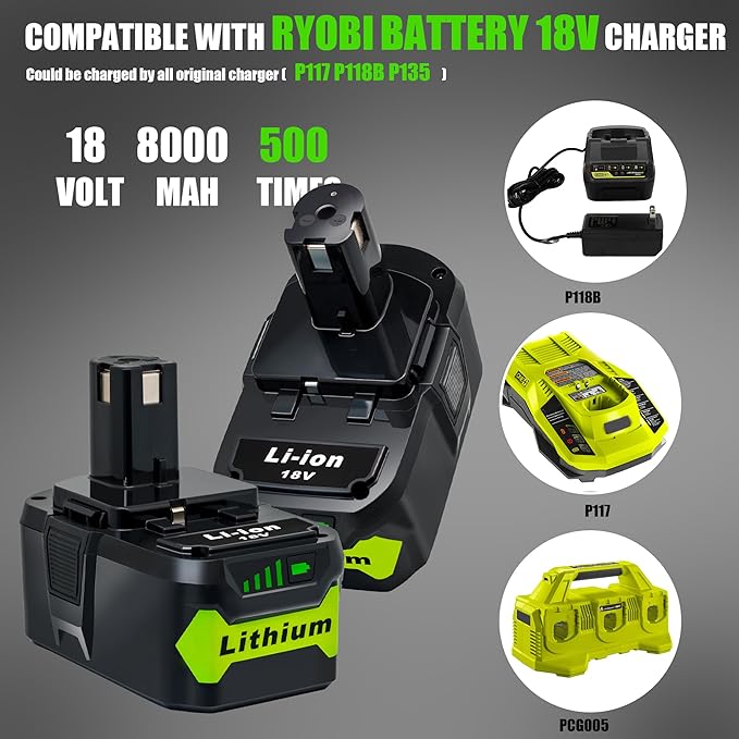 2Pack 8.0Ah Battery Replacement for Ryobi 18V Lithium Battery Compatible with Ryobi 18 Volt ONE+ Plus P107 P108 P102 P103 P104 P105 P109 P122 Cordless Tools