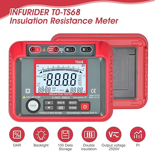 Megohmmeter, 250V-2500V Output Voltage Insulation Tester, 1MΩ-200GΩ Ohm Meter Multimeter, Grounding Tester with 100 Groups of Data Storage