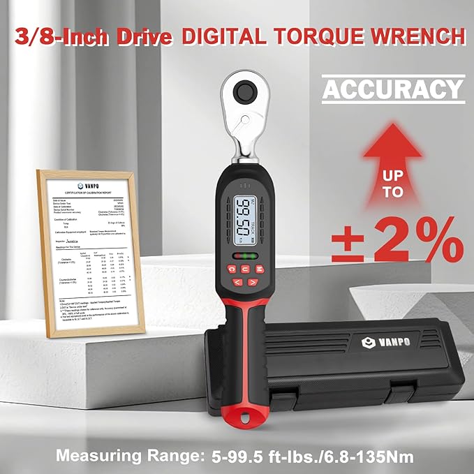 Digital Torque Wrench 3/8 Inch drive(5-99.5 ft-lbs./6.8-135Nm), ±2% Torque Accuracy, Electronic Torque Wrench with Preset Value, Buzzer and LED Notification for Automotive Motorcycle & Bicycle