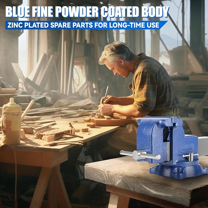 6" Heavy-Duty Bench Vise Ductile Iron Bench Vise 6 Inch 360° Swivel Bench Vice with Anvil Blue, Include Mini Bench Vice Clamp
