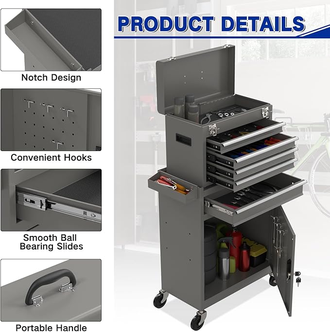 5 Drawer Tools Chest, Tool Cabinet with Universal Lockable Wheels，Tool Box with Detachable Top Box for Workshop (Gray)