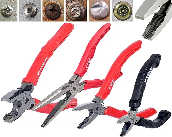 VAMPLIERS 4-Piece Stripped Screw Extractor Pliers Set. Made in Japan: 8" Linesman, 7.5" Long Nose, 6.25" Multipurpose & 5" ESD Safe Pliers. Remove any Stripped/Damaged/Rusted Screws.