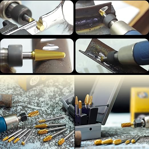 Carbide Burrs TiN Set with 1/4''Shank Double Cut Solid Power Tools Tungsten Carbide Rotary Files Bits for Die Grinder Metal Wood Carving Engraving Polishing Drilling Grinding Milling Cutting 10pcs