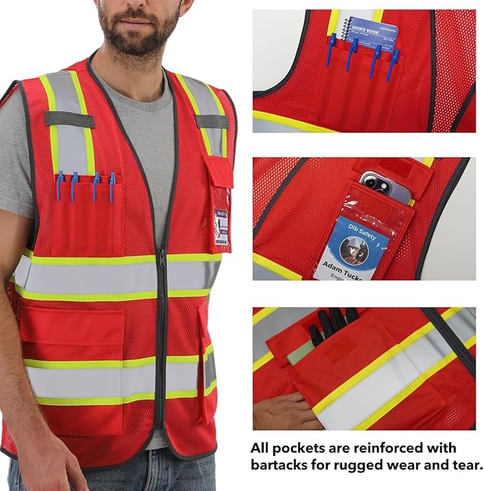 Dib Safety Reflective Mesh Vest High Visibility Two Tone with Pockets and Zipper, Red Mesh with Yellow Trim S