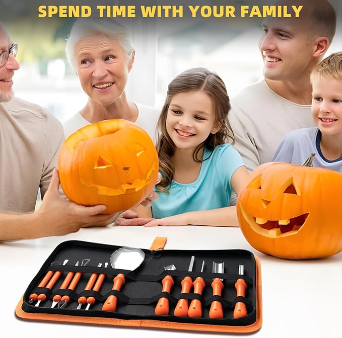 inin 12PCS Halloween Pumpkin Carving Kit with 12 Stencils & Hand Bag,Stainless Steel Pumpkin Carving Tools,Professional Pumpkin Decorating Set,Halloween Decorations for Kids & Adluts.