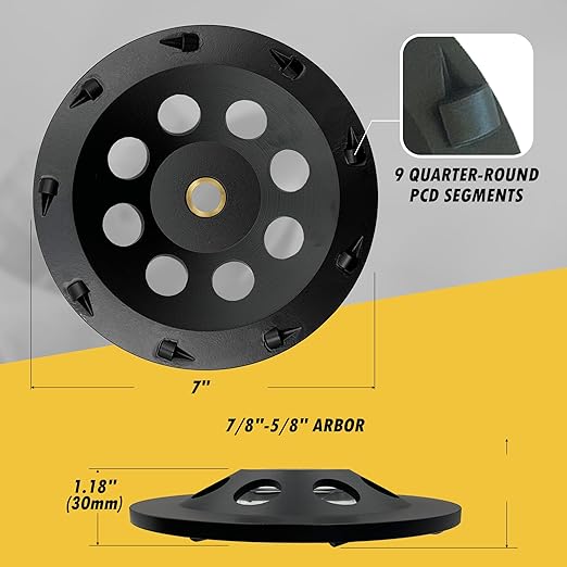 7" PCD Grinding Wheel for Epoxy, Glue, Mastic and Paint, 9 PCD Segments, 7/8"-5/8" Non-Threaded Arbor