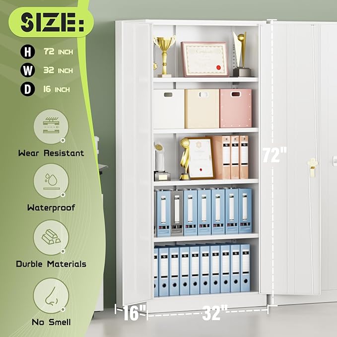 SUNCROWN 72" Metal Storage Cabinet - Heavy-Duty Metal Garage Cabinet with 4 Adjustable Shelves & 2 Doors for Tools, Office, Home, Workshop,White-Small
