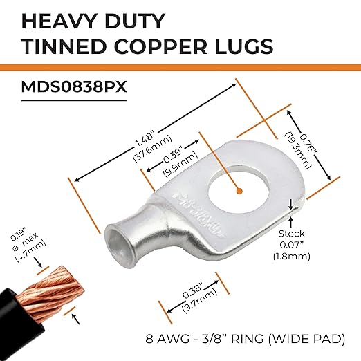 SELTERM 2pcs 8 AWG 3/8" Stud (Wide Pad) Tinned Copper Wire Lugs, Battery Lugs, Ring Terminals, Battery Cable Ends, 8 Gauge Ring Terminal Connectors, UL Marine Grade Battery Terminal Connectors
