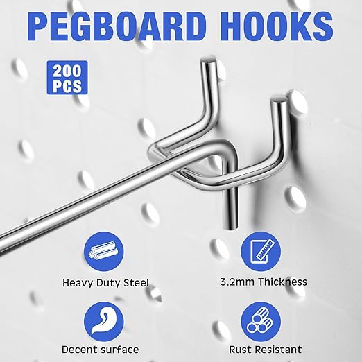 Tatuo 200 Pcs Pegboard Hooks Galvanized Metal Pegs with Rubber Tip Fit 1/4" 1/8" for Garage Store Wall Tool Organization Display(4 Inch)