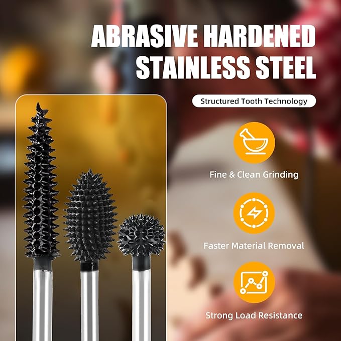 CAELUM 3 Pcs Rotary Burr Set, 1/8" Shaft Die Grinder Bits for Woodworking, Attachment for Dremel, Foredom, DeWalt, Milwaukee, Carving Burrs for Carving Engraving in Wood, Rubber, Plastic