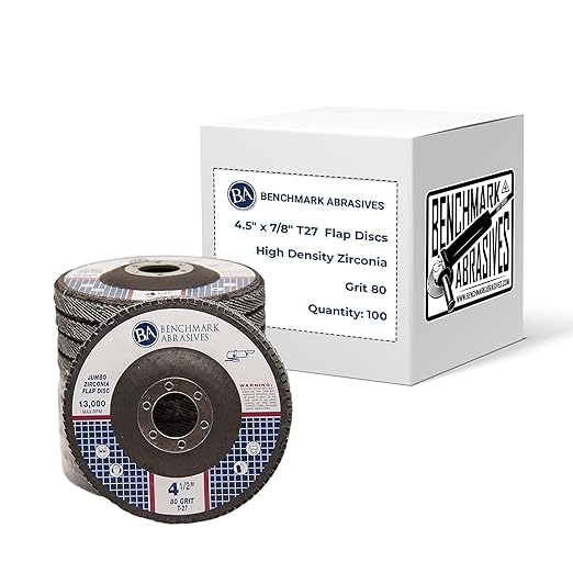 Benchmark Abrasives 4.5" x 7/8" Premium High Density Jumbo Zirconia Type 27 Flap Discs 4 1/2 for Angle Grinder, Sanding Discs, Finishing - Grinding Wheels 4 1/2 inch - (100 Pack) - 80 Grit