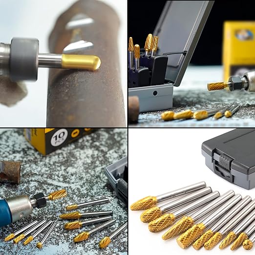 Carbide Burrs TiN Set with 1/4''Shank Double Cut Solid Power Tools Tungsten Carbide Rotary Files Bits for Die Grinder Metal Wood Carving Engraving Polishing Drilling Grinding Milling Cutting 10pcs