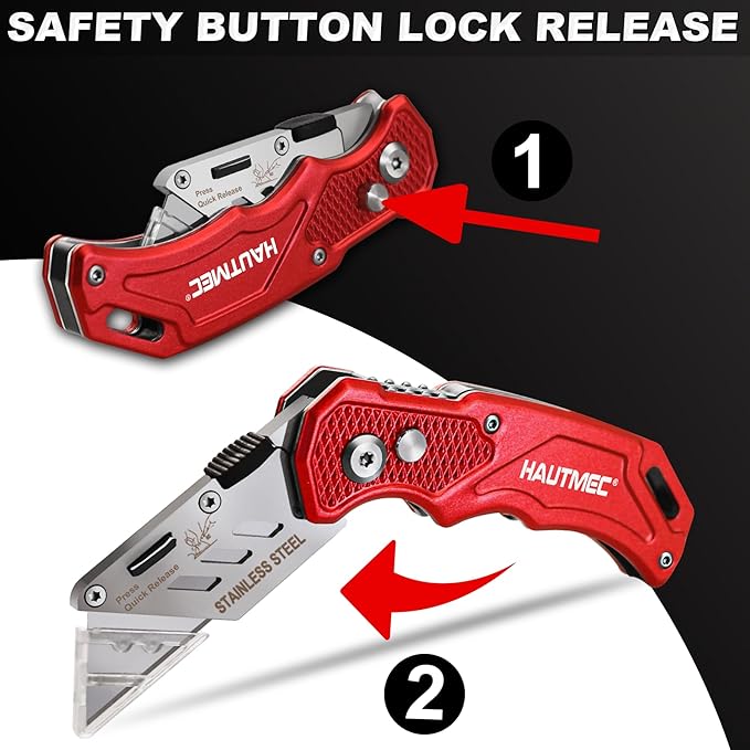 HAUTMEC 3-Pack Folding Utility Knife, Heavy-Duty Aluminum Box Cutter with Quick-Change Blades & Lock-Back Safety Design, Ergonomic Streamlined Grip Includes 15 Extra SK5 Blades, HT0429