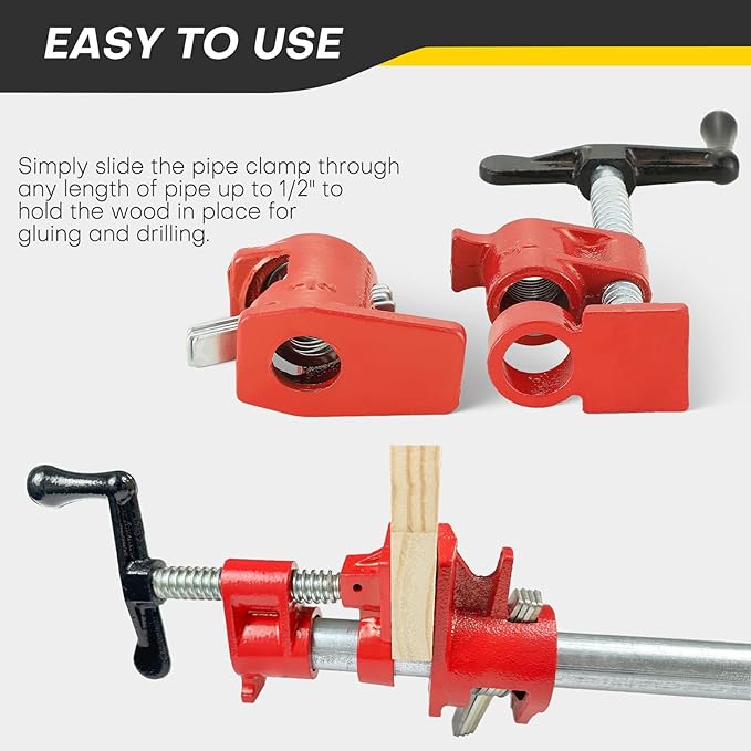 Wood Gluing Pipe Clamp Set | 1/2" Heavy Duty Woodworking Cast Iron Pipe Clamps Quick Release Pipe Wood Clamps (6 Pack, 1/2")