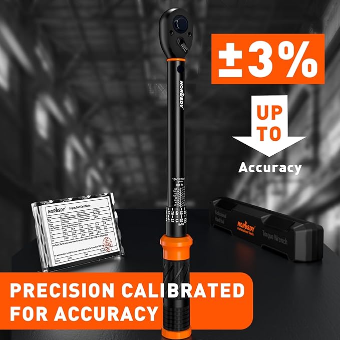 HORUSDY 1/2-Inch Drive Click Torque Wrench Set – 10–170 ft-lb / 13.6–230.5 Nm, ±3% Precision, Dual Scale, 72-Tooth Reversible Head with 5" Extension & Adapter for Car, Tire, and Motorcycle Use