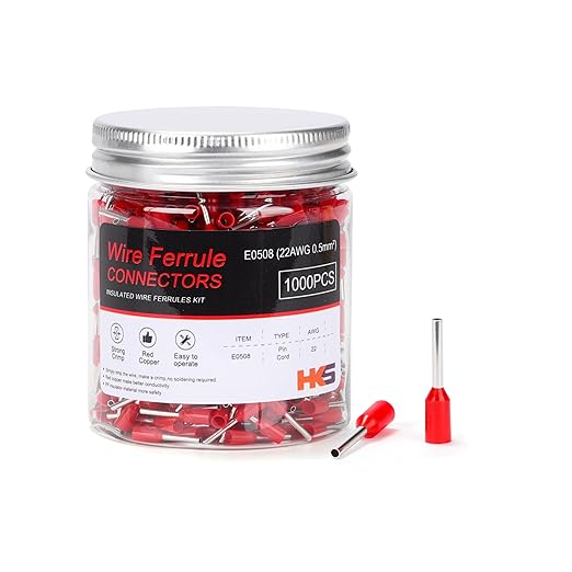 HKS 1000PCS Wire Ferrule Connectors - AWG 22-0.5mm² Copper Barrel Pin Cord Ends Insulated Ferrules Terminals - E0508 Red