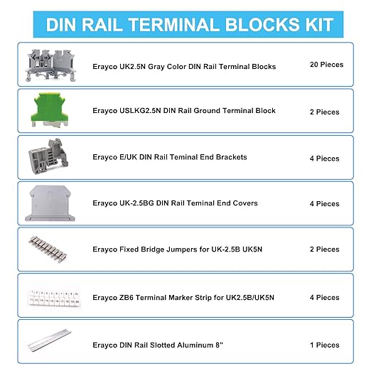 Erayco DIN Rail Terminal Blocks Kit, 20PCS UK2.5B Terminal Blocks 12 AWG Gauge, 20A 600V, 2PCS Ground Blocks, 4PCS Jumpers, End Stopper, End Covers, Marker Strip, 1Pcs 8" Aluminum Rail