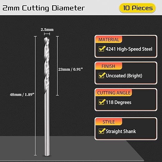 Drill Bit, 2mm Cutting Diameter, 4241 HSS 118° Cutting Angle Uncoated Bright Versatile Jobber Bits - (Applications: for Drilling Plastic Wood Soft Metal), 10-Pieces