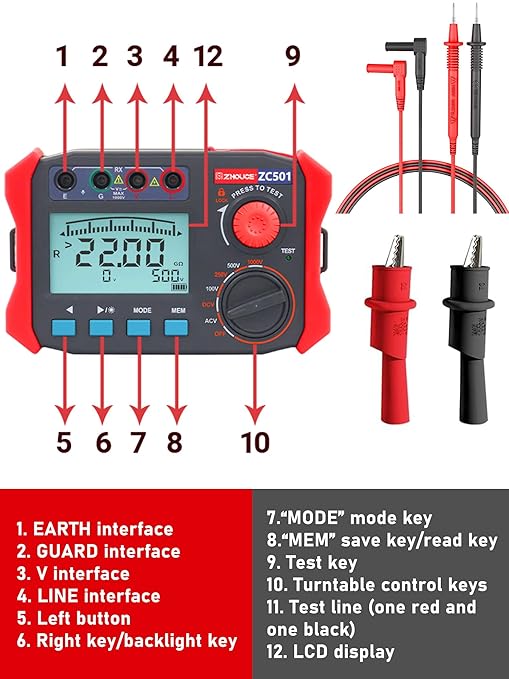 Digital Insulation Resistance Tester 100V-1000V /0.06MΩ-50.00GΩ Megohm Tester Auto Ranging 2000 Counts 2V~750V AC/DC Voltmeter with 500 Data Storage LCD Display(ZC-501)