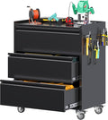 Metal Storage Cabinet with 3 Drawer and 4 Hooks,35.4" H Top Workbench Mobile Tool Chests Garage Cabinets with 4 Wheels,Tool Cabinets for Home,Office,Shop