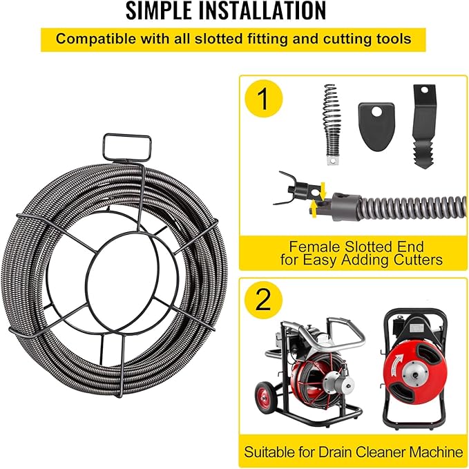 VEVOR Drain Cleaning Cable 50 Feet x 3/8 Inch Solid Core Cable Sewer Cable Drain Auger Cable Cleaner Snake Clog Pipe Drain Cleaning Cable Drain Auger Snake Pipe