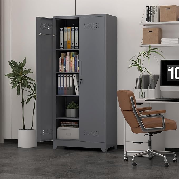 72.8" H Metal Storage Cabinet with Lockable Doors, Functional Garage Storage Cabinets, Cleaning Supply Tool Cabinets with Removable Pegboard Hanging Rod & S-Hooks, Grey