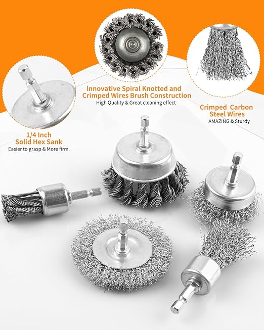 5 Pcs Drill Wire Brush Set, Heavy Duty Wire Brush Wheel for Drill, 1/4'' Hex Shank Wire Brush Drill Attachments Coarse Carbon Steel Crimped, Great for Cleaning Rust, Paint, Abrasive