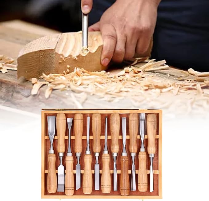 Cunyuer 12 PCS Wood Carving Tools, 60CRV Blade Wood Chisel Sets with Wooden Case, Woodworking Chisel for DIY Handicrafts