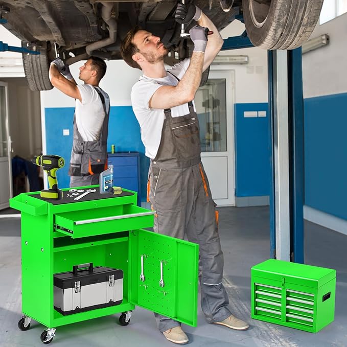 5-Drawer Rolling Tool Chest with Wheels - Large Tool Storage Cabinet with Detachable Toolbox for Repair Room,Warehouse - Rolling Tool Box with Hooks,Liners, Green