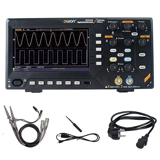 OWON Digital Oscilloscope with 4 Channels and Screen 7 inch / 18 cm, TFT-LCD Display, Portable Professional Oscilloscope Kit with 1GS/s Sampling Rate, Bandwidth 200MH, SDS220