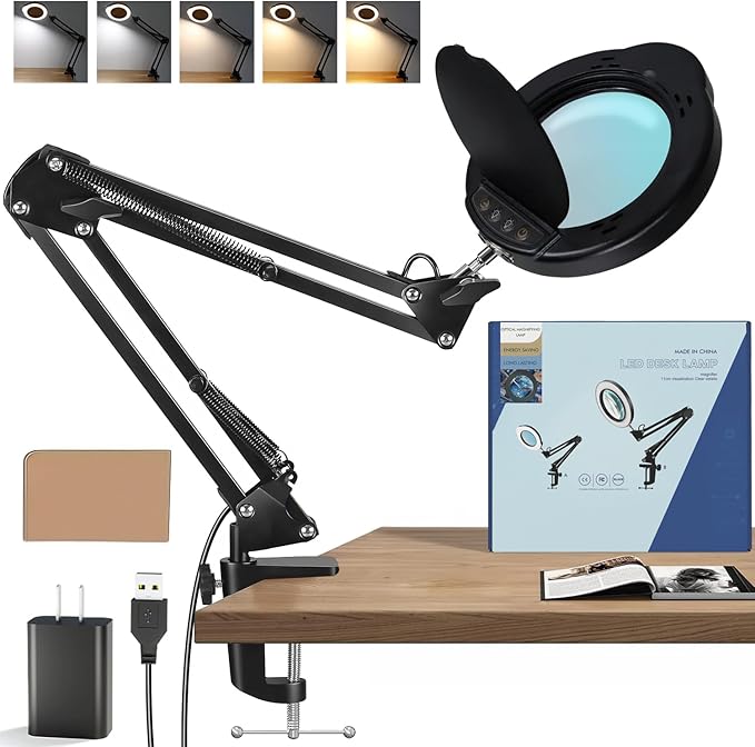15X Magnifying Glass with Light, Real Glass Lens, 84 LEDs, 5 Color Modes, 10 Brightness Dimmable, Adjustable Swing Arm with Clamp, Hands-Free Magnifier for Reading, Crafts, Repair, Sewing, Close Work