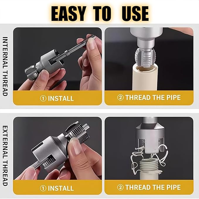 Integrated Internal & External Pipe Threading Tool, Pipe Thread Cutting Tool, Electric Drill Compatible 2 In 1 PVC Pipe Threader Kit, 1/2" 3/4" PVC Thread Maker Tool for Water Pipes (1 Pc 3/4’’)