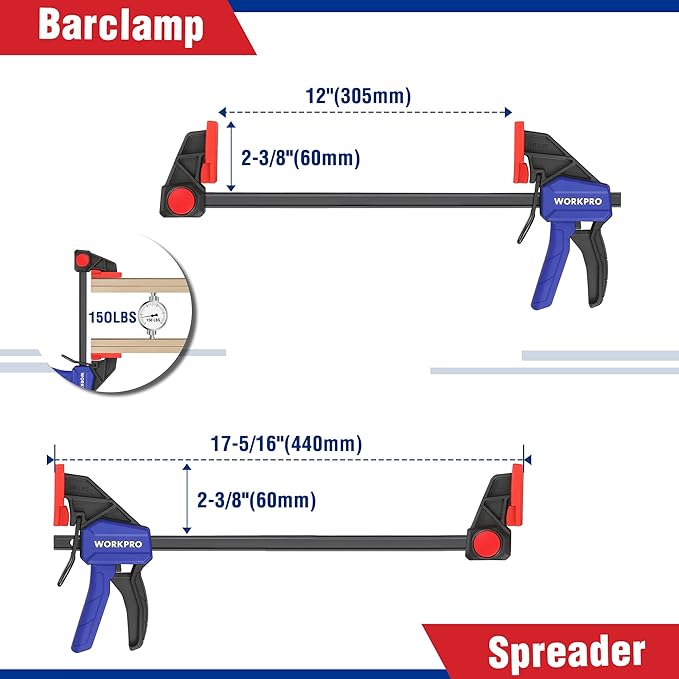 WORKPRO 10-Pack Clamps for Woodworking, 12" & 6" Bar Clamps, 2 Quick-Release Ratcheting Wood Clamps and 4 Spring Clamps, Light Duty F Clamps/Spreader 150 LBS Load Limit