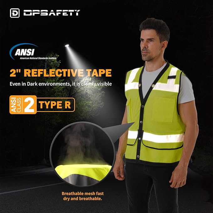 Reflective Safety Vest With Back Pocket, Hi Vis Class 2 Surveyor Vest, ANSI/ISEA Standard Construction Vest for Men & Women(Lime-Button, L)