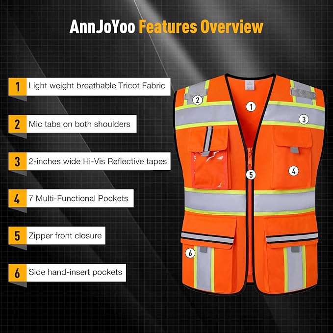 Class 2 Safety Vest with Zipper Front and multiple Pockets, High Visibility Vest, Meets ANSI/ISEA Standards