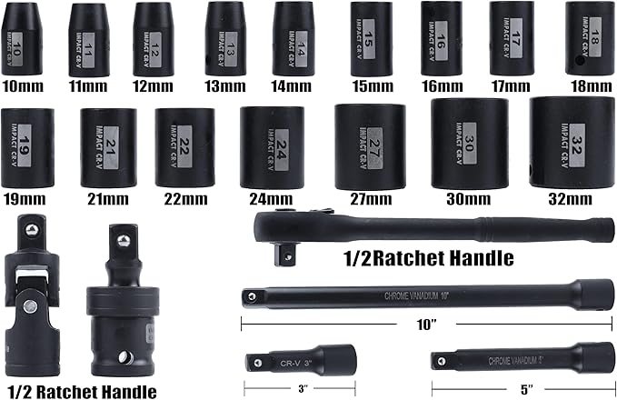 SEKETMAN 22PCS 1/2Drive Shallow Impact Socket Set,1/2-Inch Metric Socket Set,(10-19,21,22,24,27,30,32mm)6 Point,CR-V steel,Includes Extension Bar,Universal Joint and Ratchet Handle