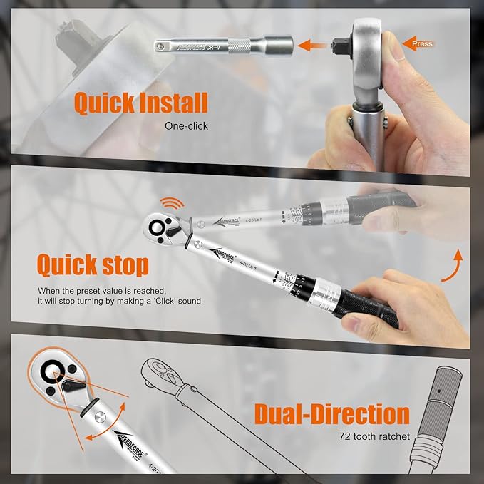 AEROFORCE 19Pcs 1/4 inch Drive Click Dual-Direction Adjustable Bike Torque Wrench Set（4-20 Lb.ft/5.4-27.2 Nm）, with 6 Sockets, Hex, Torx, Extension Bar, 1/4'' Ratchet Wrench, Maintenance Kit for MTB.