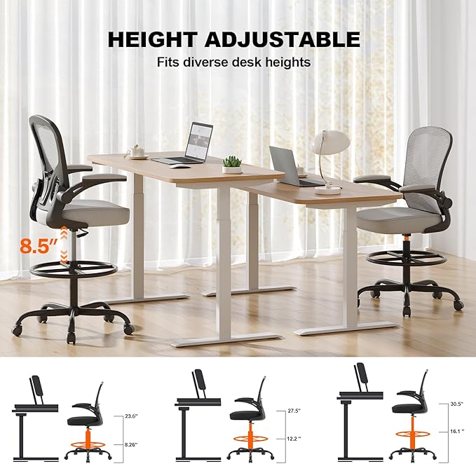 Synorla Ergonomic Drafting Chair, Tall Office Chair with Flip-up Armrests, Breathable Mesh High Desk Chair with Lumbar Support Adjustable Footrest Ring for Standing Desk, Home Office Studio