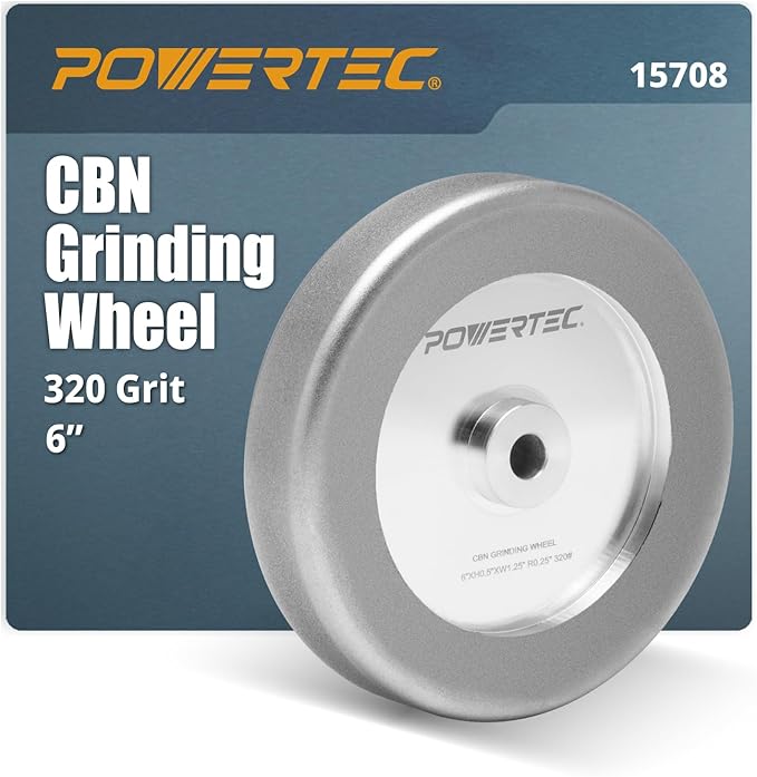 POWERTEC CBN Grinding Wheel 6 Inch 320 Grit, 1-1/4" Wide, 1/2" Arbor – 4-in-1 CBN Sharpening Wheel with 1/4" Radius Edge and Side Face for Bench Grinder (15708)