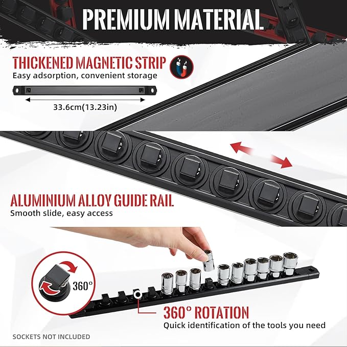 Magnetic Socket Organizer, 1-Piece Heavty Duty Aluminum Socket Holder, Socket Rail for Tool Box, Premium Quality 360° Swivel Socket Rack with 12 Clips for 1/2-Inch(Black)