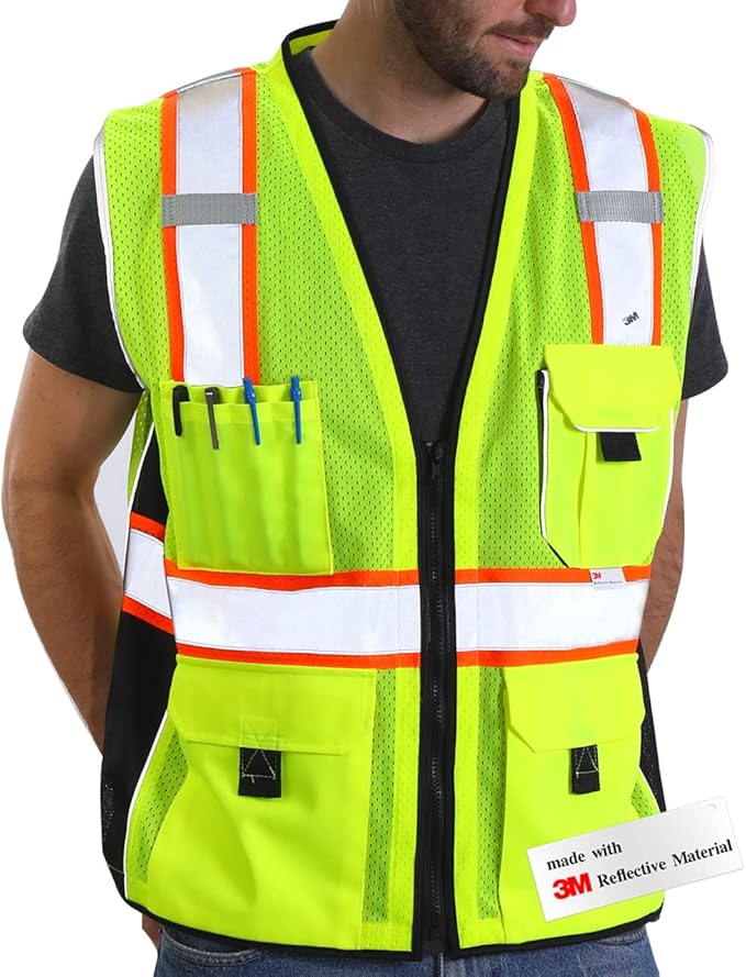 Dib Safety Vest Reflective Yellow Mesh, High Visibility Vest with Pockets and Zipper, ANSI Class 2 Heavy Duty, Made with 3M Reflective Tape XL