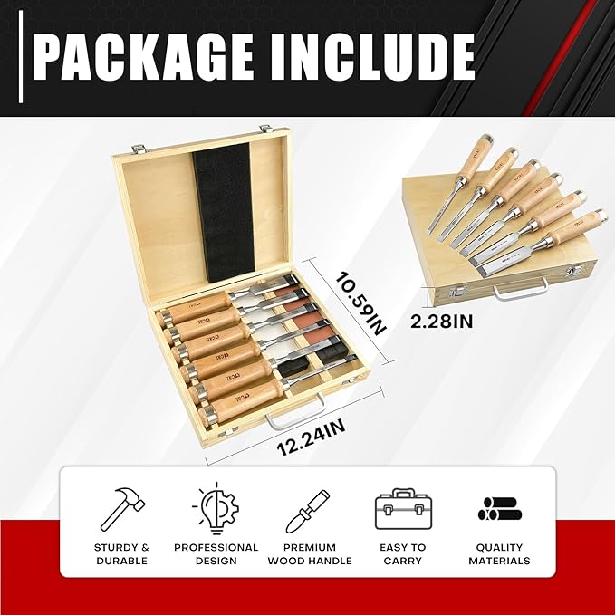 C&T 8 Pieces Premium Wood Chisel Set with Wooden Case,6 Pieces Wood Chisel with 2 Sharpening Stone,Woodworking Carving Chisel Kit,Chrome Vanadium Steel Chisel