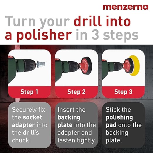 menzerna 3in1 Polishing Set – One-Step Polish + Drill Machine Adapter + Medium Cut Pad | Polish Your Car with a Cordless Drill