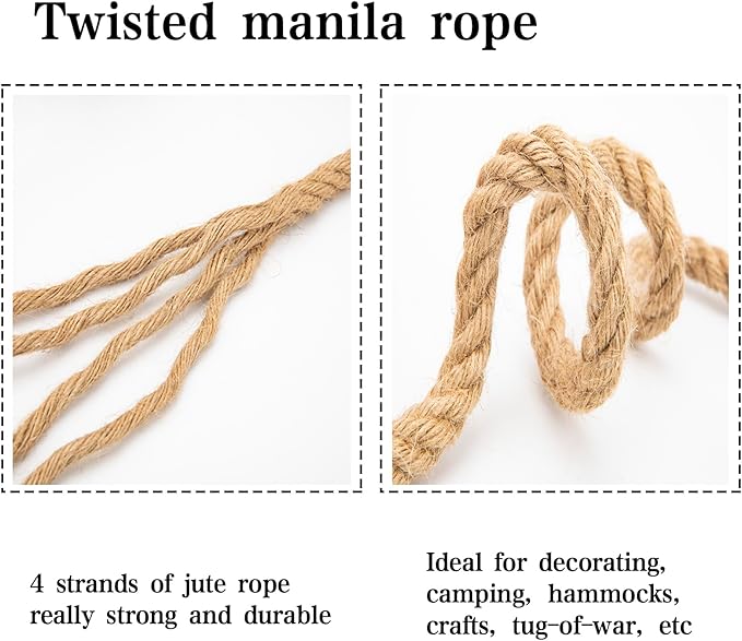 Natural Hemp Rope (1/2 in x 100 ft) Twisted Manila Ropes Jute Ropes Sisal Rope for Cat Scratching Post, Camping, Crafts, Tug of War, Railings Decorate, Hanging, Hammock, DIY Projects