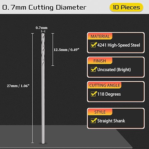 Drill Bit, 0.7mm Cutting Diameter, 4241 HSS 118° Cutting Angle Uncoated Bright Versatile Jobber Bits - (Applications: for Drilling Plastic Wood Soft Metal), 10-Pieces