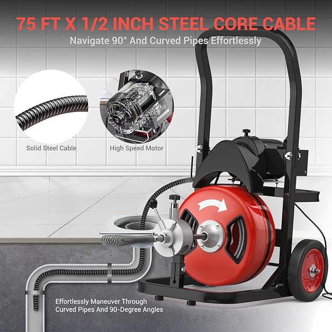 Drain Cleaning Machine 75Ft 1/2 Inch Cable, 450W Auto Feed Portable Electric Sewer Snake, Electric Drain Auger with 6 Cutter Air-Activated Foot Switch for 2" to 4" Pipes
