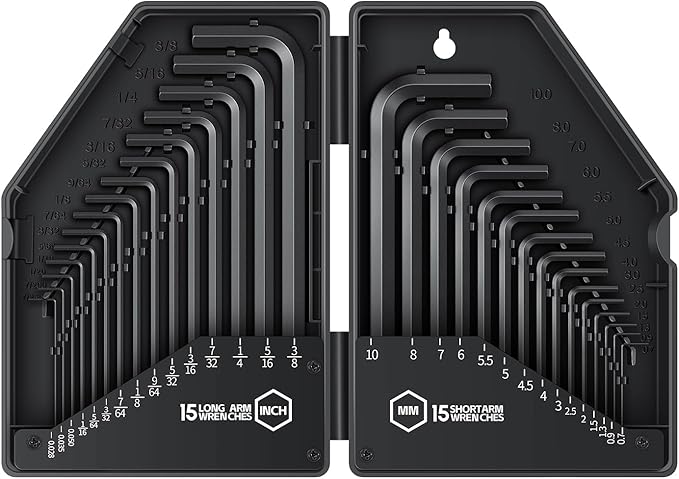 30 PCS Hex Head Key Allen Wrench Tool Set Organizer Kit Alloy Steel L Shape Black Metric (0.7-10 mm) SAE (0.028"-3/8") Standard In Storage Case Long Short Arm