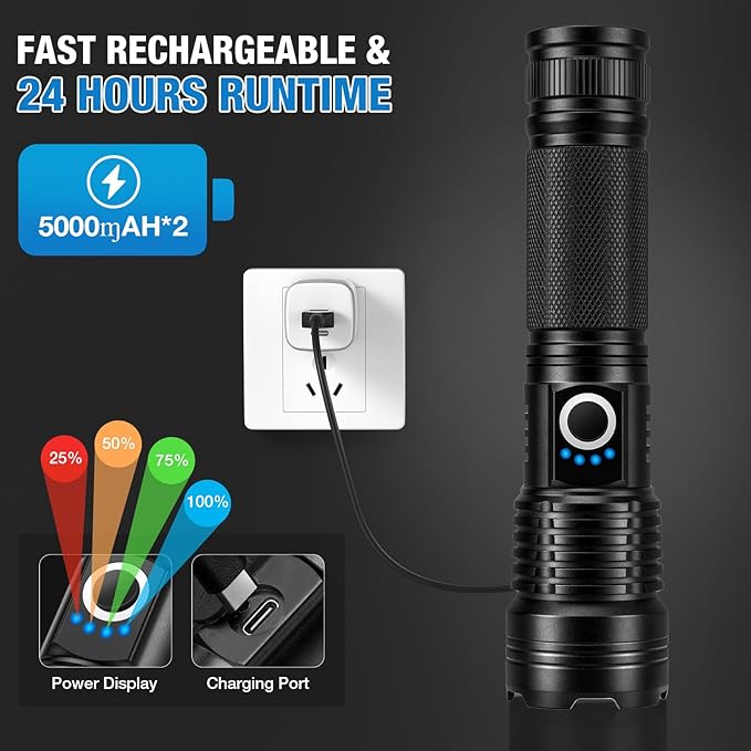 Rechargeable Flashlights 90,000 High Lumens - 2 Pack, Super Bright LED Flashlight Rechargeable with 5 Light Modes, High Powered & IPX7 Waterproof Flash Light for Camping, Home