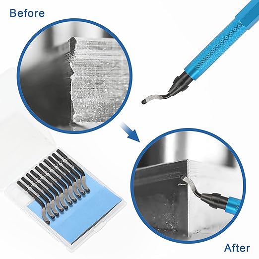 Deburring Tool Kit,with 6Pcs Needle Files. 6-1/2" Metal Handle Chamfer Tool for Resin Aluminum Brass Plastic Pipes Tube Hole 3D Art with Extra 10 HSS Blades